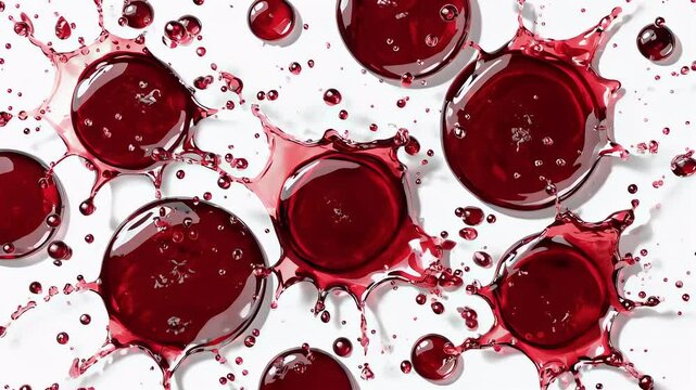 A vibrant, top-down view of liquid red circles splashing out with various sizes of droplets on a white background, creating an abstract and dynamic pattern