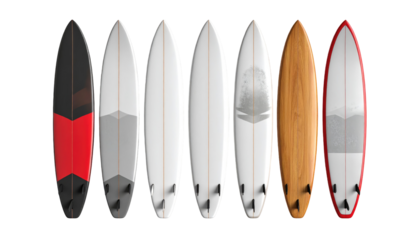 A row of seven colorful surfboards displayed against a stark black backdrop. They vary in design and color, showcasing different styles