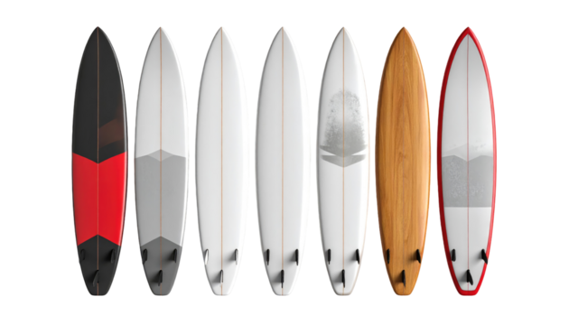 A row of seven colorful surfboards displayed against a stark black backdrop. They vary in design and color, showcasing different styles