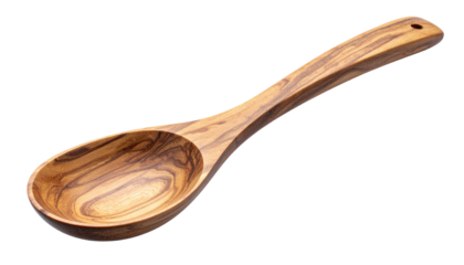 Close-up of a wooden spoon on a black background. The spoon has a deep bowl and a long handle with a hole for hanging