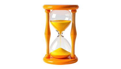 A 3D rendered image of an hourglass. The time keeping device with yellow sand is set against a black background