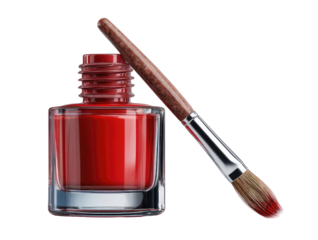 A 3D render on black featuring a square bottle with red liquid and a matching nail brush