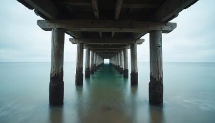 Wooden pier supports extend over calm ocean water. Endless perspective of posts leads to distant horizon. Serene sea and sky create peaceful mood. Coastal structure architecture.