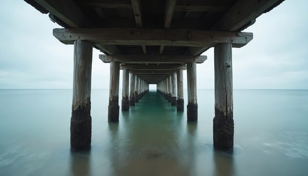 Wooden pier supports extend over calm ocean water. Endless perspective of posts leads to distant horizon. Serene sea and sky create peaceful mood. Coastal structure architecture.