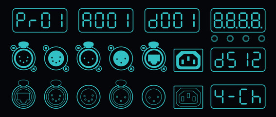 Blueprint-style UI icons set showing DMX displays, XLR and Ethernet connectors, power sockets, and control indicators in a neon-blue outline on a dark background.