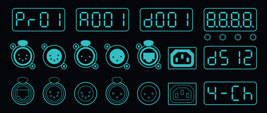 Blueprint-style UI icons set showing DMX displays, XLR and Ethernet connectors, power sockets, and control indicators in a neon-blue outline on a dark background.