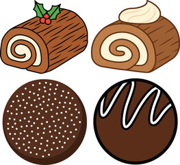 Chocolate Yule Log Cake and Cookies Assortment Dessert Food buche de noel cream