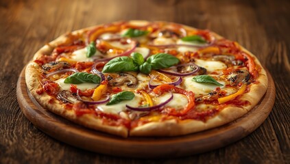 Freshly baked, crispy pizza topped with melted mozzarella cheese, mushrooms, onions, bell peppers and fresh basil leaves, served on a rustic wooden table