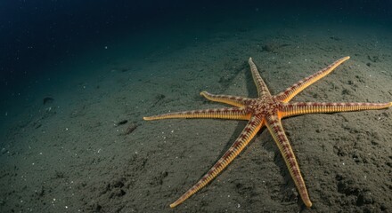Large orange-brown starfish on sandy ocean floor with eight arms underwater scene