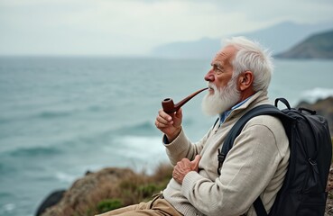 Elderly man with white beard and hair relaxes by sea. He smokes a pipe, looks at ocean horizon from cliff. Male traveler enjoys nature, free time, and vacation on coastal excursion, embracing peace.
