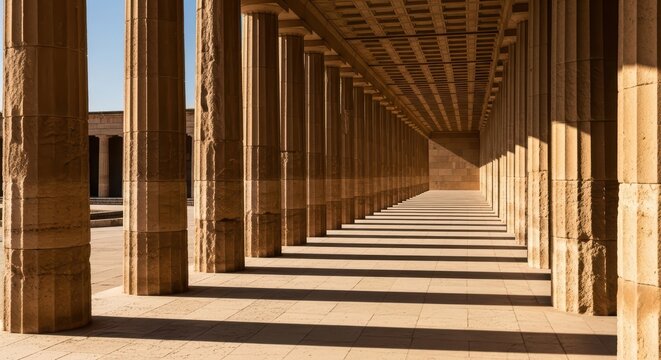 Sunlit corridor of ancient stone columns and shadows in historical architecture