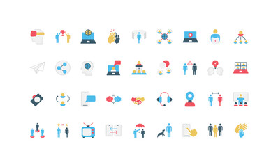 A diverse set of flat icons illustrating various communication methods and concepts, including digital, interpersonal, and virtual interactions, designed in a minimalist style vector illustration