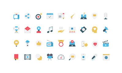 Digital media content creation, music and article text of story, creators tools and equipment color icon set. Advertising blog campaign, video film, music and radio, book flat vector illustration