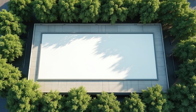 Blank white poster on modern mall rooftop surrounded by green trees. Outdoor urban advertising space frames city landscape, offers marketing template for promotion.