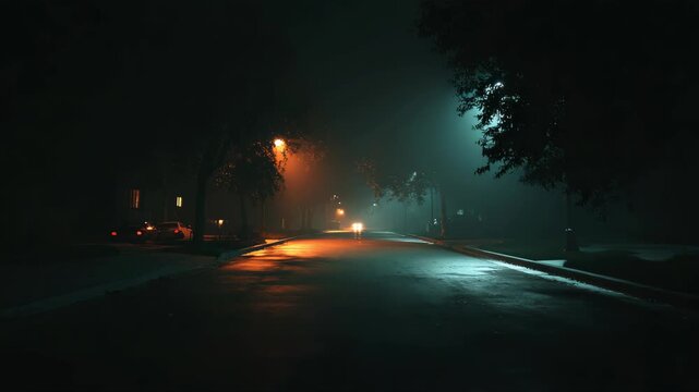 horror theme of a dark, eerie street at night. The street is empty, with dim lighting and shadows that create an unsettling atmosphere