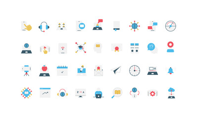 Elearning, online school and course, digital education platform, knowledge color icon set. Online class of academy, university lessons and certificate, learning process flat vector illustration