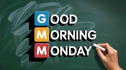 Good morning monday message on a chalkboard with a hand writing
