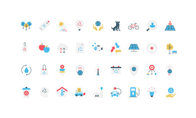 Protection of environment, nature and ecology through eco recycle and reuse technology color icon set. Save Earth, forest conservation and renewable power, green energy flat vector illustration