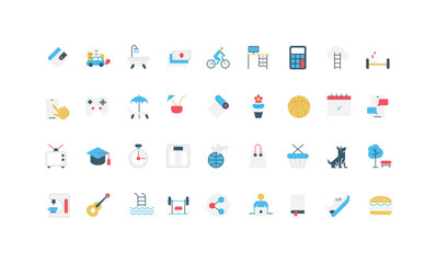 Naklejka premium Daily life activity and routine planning, working hours on weekday and weekend leisure color icon set. Shopping and training in gym, workplace and entertainment, sleep flat vector illustration