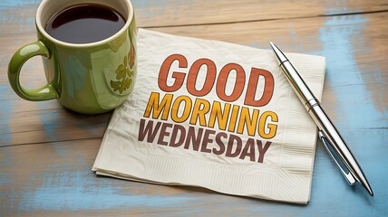 Good morning Wednesday with coffee mug and pen on wooden table