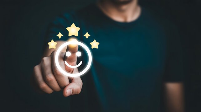 Hand touching a glowing fivestar rating icon with a happy face, symbolizing customer satisfaction, service review, and excellent feedback concept in dark background