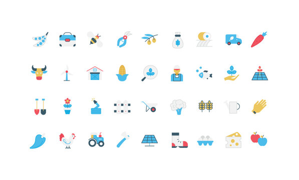 Livestock farm, agriculture field for growing vegetables and fruits, farmers equipment and tools color icon set. Organic products planting, horticulture, delivery to market flat vector illustration