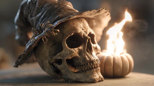 human skull spitting fire, this skull has a witch hat on it and it is supported by a pumkin