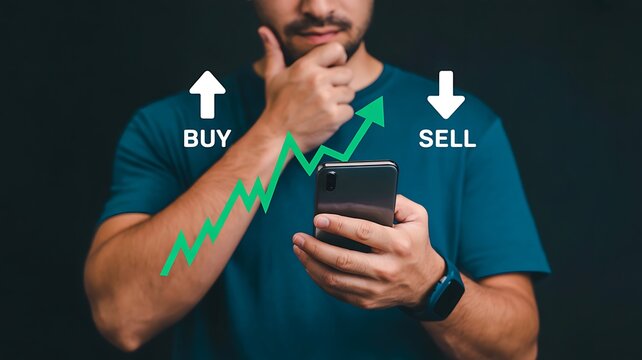 Man holding smartphone contemplating stock market trading decision with rising green arrow indicating buy and falling arrow indicating sell concept