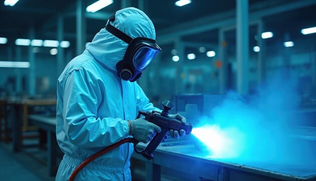 Factory worker in protective suit and mask applies powder coating to metal part using spray gun. Industrial manufacturing process. Blue dust cloud. - Powered by Adobe