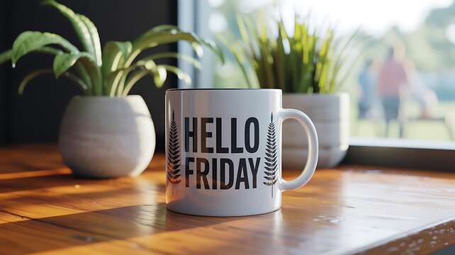 Hello Friday coffee mug surrounded by plants on wooden table