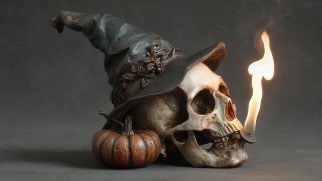 human skull spitting fire, this skull has a witch hat on it and it is supported by a pumkin