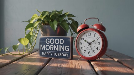 Red alarm clock and good morning message on wooden table top