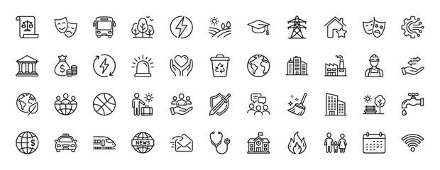 Public service and city infrastructure line icon set. Vector pictograms of education, transport, energy, justice, government, and finance, thin linear illustration.