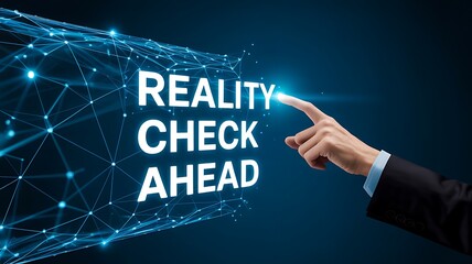Businessmans finger touching glowing digital text reality check ahead emerging from a blue abstract network structure against a dark background, symbolizing future assessment and technology