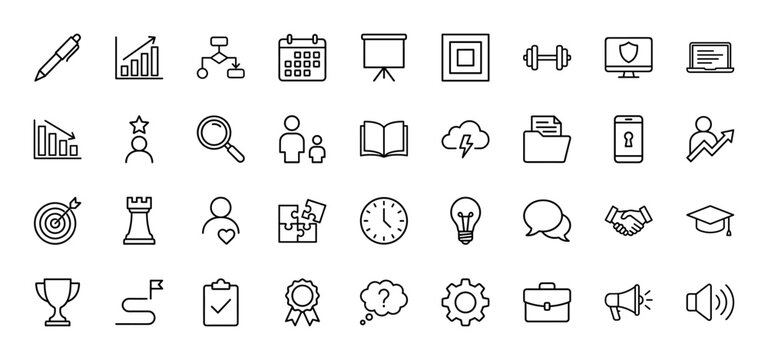 Business and education line icon set. Vector pictograms of charts, calendar, lightbulb, and trophy, thin linear illustration.