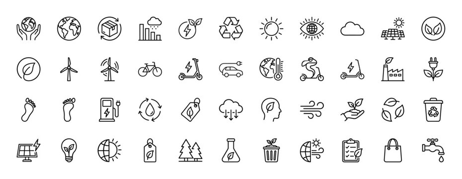Ecology and environmental protection line icon set. Vector pictograms of wind power, solar panel, electric car, and recycling, thin linear illustration.