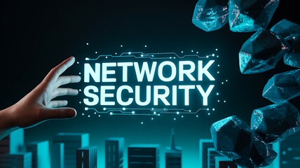 Hand interacting with glowing digital text displaying network security against a dark, futuristic background with abstract crystal shapes and city skyline silhouette