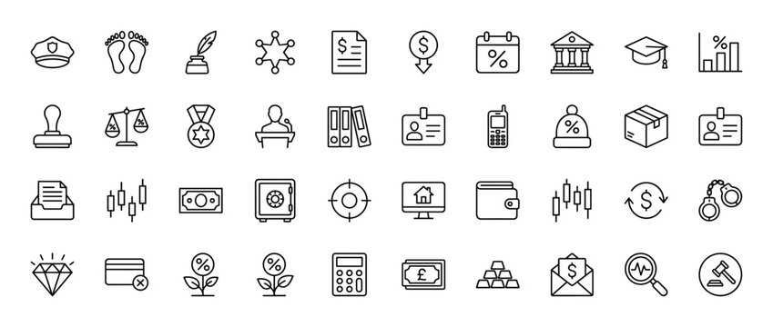Finance, law, and business line icon set. Vector pictograms of police cap, contract, scales of justice, wallet, and calculator, thin linear illustration.