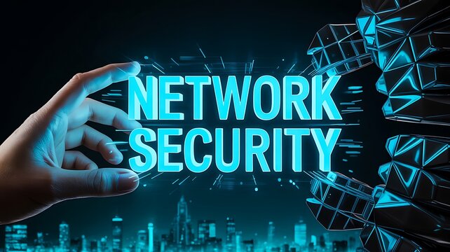 Hand holding glowing blue text network security against a dark digital background with abstract geometric shapes representing data protection and cybersecurity concept - Powered by Adobe