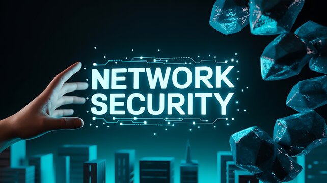 Hand interacting with glowing digital text displaying network security against a dark, futuristic background with abstract crystal shapes and city skyline silhouette