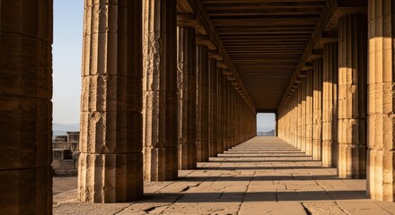Ancient stone corridor with columns and shadow patterns in warm sunlight
