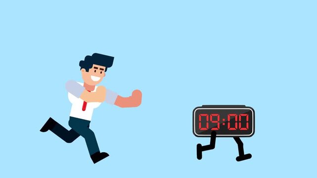 A businessman runs after a walking clock showing 9, symbolizing time management, deadline, punctuality, and business urgency on a blue background.