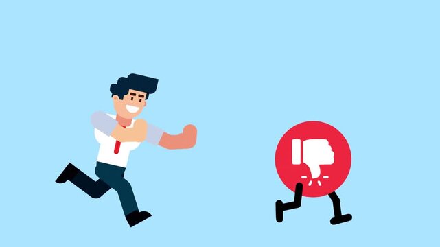 A businessman runs after a walking dislike icon, symbolizing facing criticism, negative feedback, or challenges in business on a blue background.
