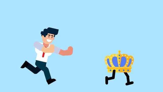 A businessman runs after a walking crown, symbolizing ambition, pursuit of success, leadership, and achievement on a blue background.