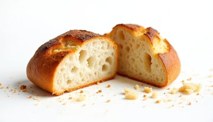 Close up of freshly baked artisanal bread sliced in half showing porous crumb structure, golden crust. Scattered breadcrumbs lie on clean white background, suggesting homemade goodness, delicious