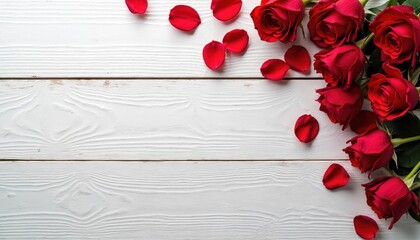 Red roses and petals scatter on white wood table surface. Romantic, elegant floral arrangement suitable for Valentines Day Mothers Day or anniversary celebrations.