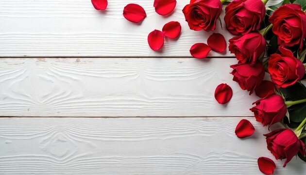 Red roses and petals scatter on white wood table surface. Romantic, elegant floral arrangement suitable for Valentines Day Mothers Day or anniversary celebrations.