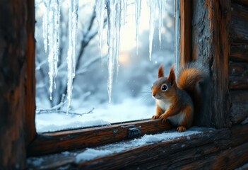Curious Squirrel on Snowy Wooden Windowsill in Winter Frost
