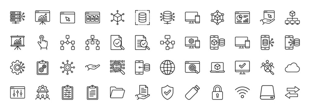 Big data and computing line icon set. Vector pictograms of server, database, analytics, security, and networking, thin linear illustration.