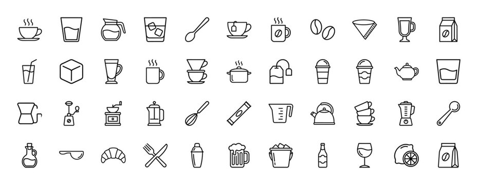Beverage and kitchen line icon set. Vector pictograms of coffee cups, tea bags, wine glasses, and blenders, thin linear illustration.